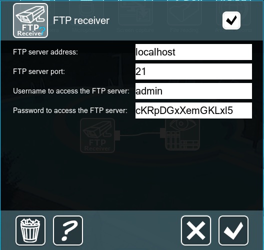 In FTP receiver settings you will see the server's login, password, and port