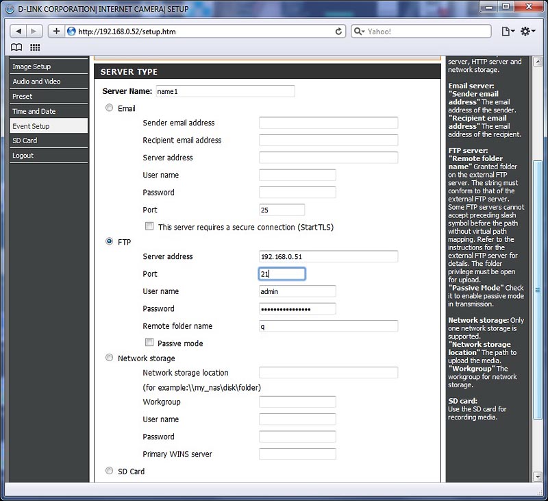 In FTP server configuration enter FTP receiver's connection data