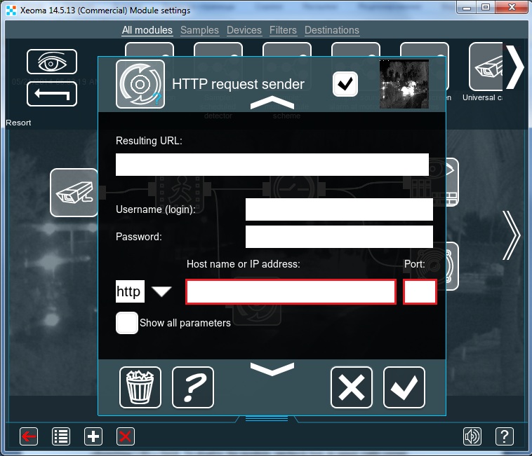 IP and port settings of HTTP request sender in Xeoma IP security cameras software