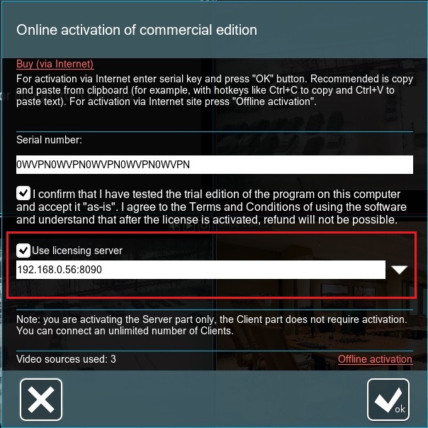 Select license server to activate Xeoma video surveillance for IP cameras on virtual machines