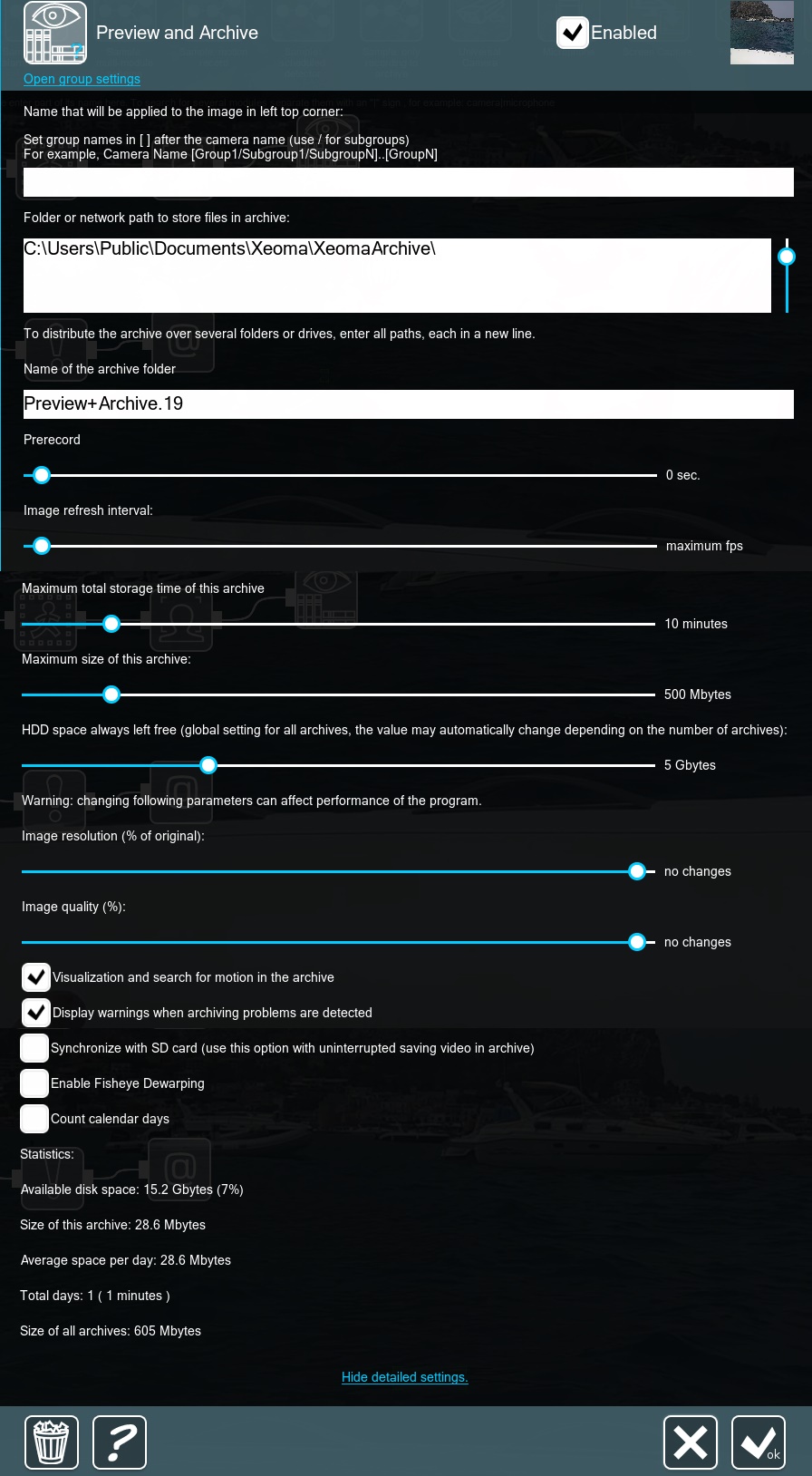 Preview and Archive module’s settings in Xeoma cctv software