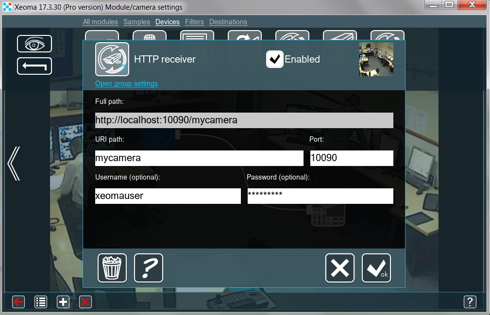 Settings dialog of the HTTP Receiver module in Xeoma video surveillance software