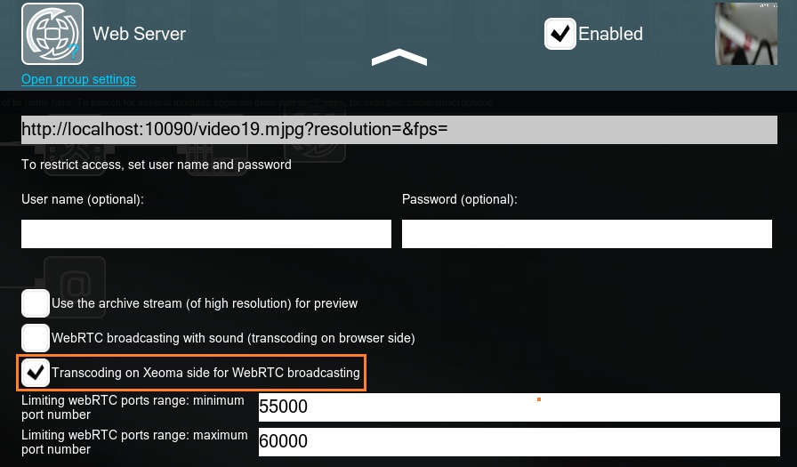 Select the transcoding on the server side in Web Server module settings